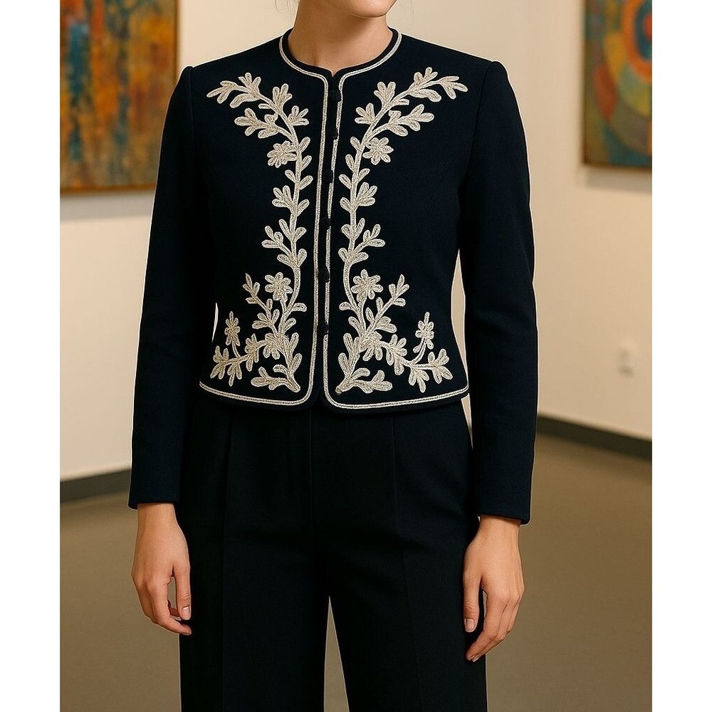 Saks Fifth Avenue Black Cropped Blazer with Cream Embroidered Detail